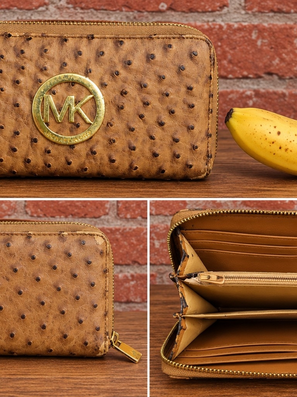 Michael Kors Tan Ostrich-Embossed Zip Card Wallet with Gold MK Logo